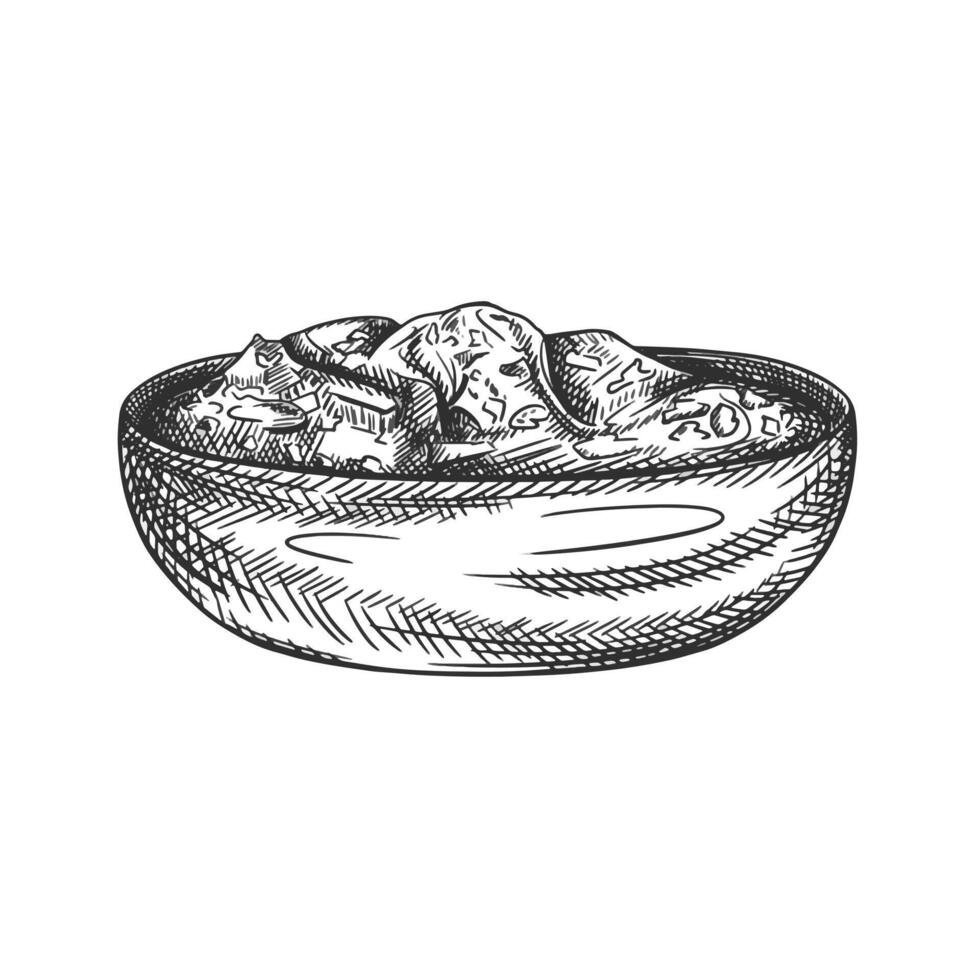 illustration with a wooden texture of a plate with vegetable sauce. Kitchen utensils, tools, dishes. Retro old cutlery. Hand drawn illustration in line art in black ink on isolated background vector