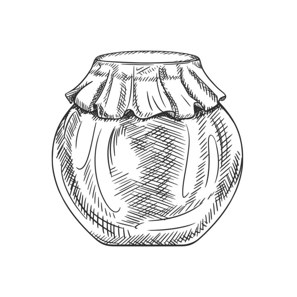 illustration with transparent glass jar sauces, spices, preservation. Kitchen utensils, tools, dishes. Retro old cutlery. Hand drawn illustration in line art in black ink, isolated background vector