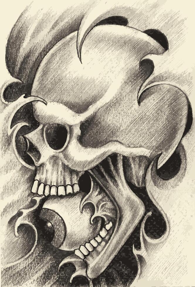 Surreal skull tattoo design by hand drawing on paper vector