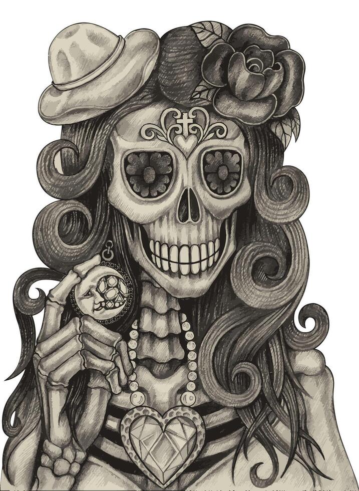 Fashion model sugar skull day of the dead design by hand drawing on paper vector