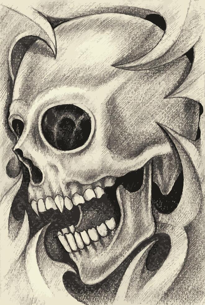 Surreal art skull tattoo design by hand drawing on paper vector