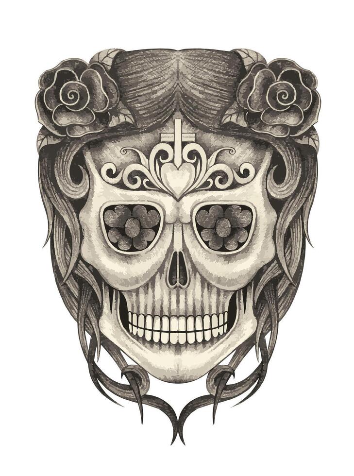Fancy girl sugar skull day of the dead design by hand drawing on paper vector