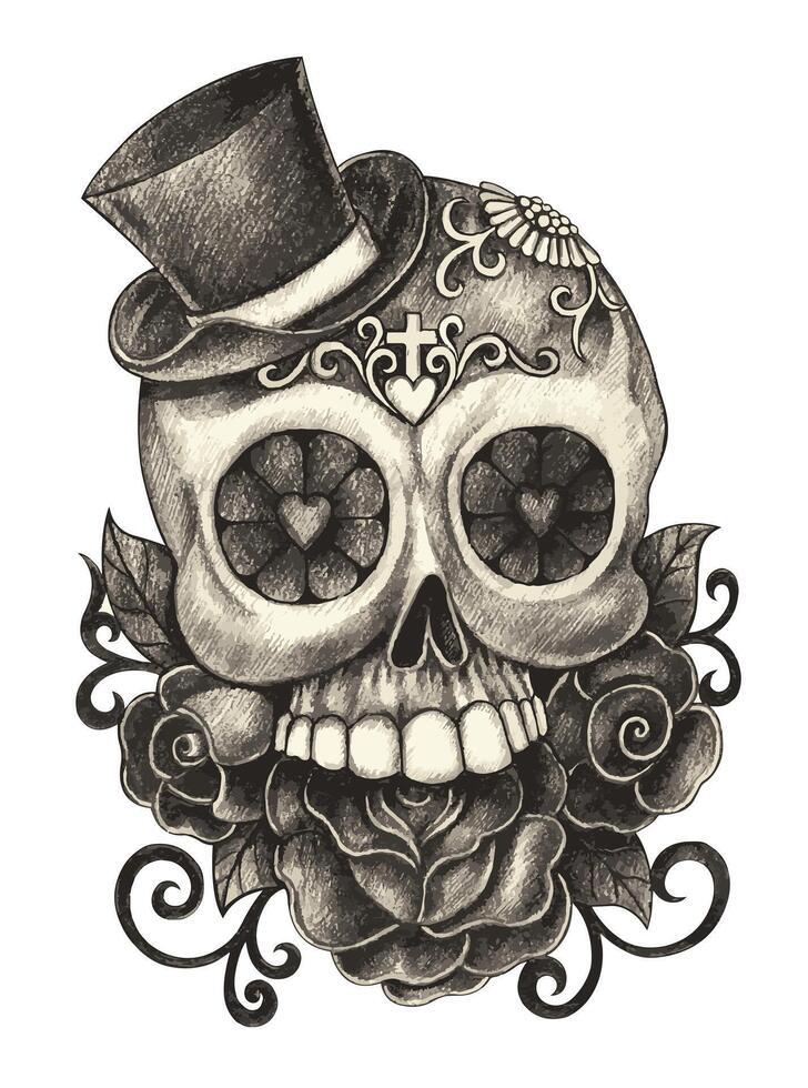 Sugar skull day of the dead design by hand drawing on paper vector