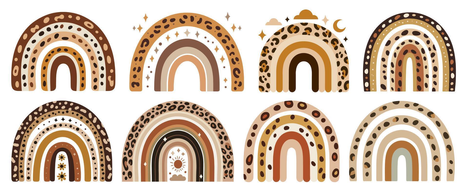 Boho Style Leopard Print Rainbows Collection on White Background, trendy illustration vector
