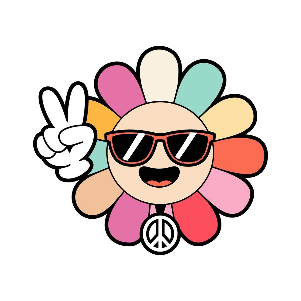 Smiling flower character with sunglasses, peace sign, flat illustration retro groovy style vector