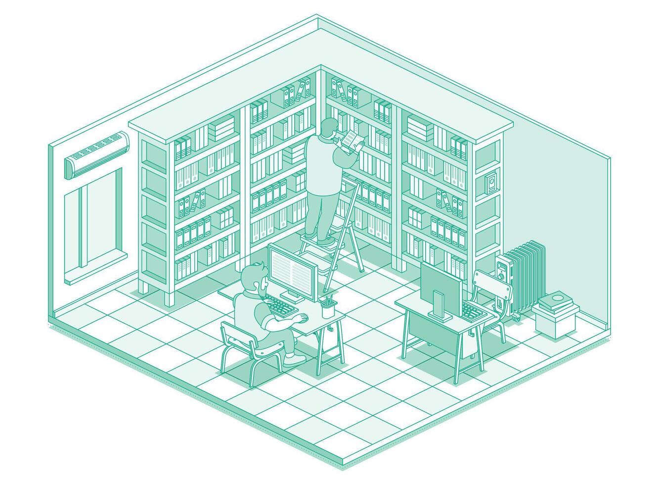 Isometric library with books on shelves. Man stand on ladder and read book. Online catalog. Man sit on computer and read text on monitor. Bookcase full of books. vector