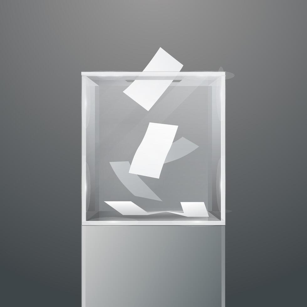 Glass ballot box on podium. Voting white paper in hole. Transparent voting container with a falling ballot paper. vector