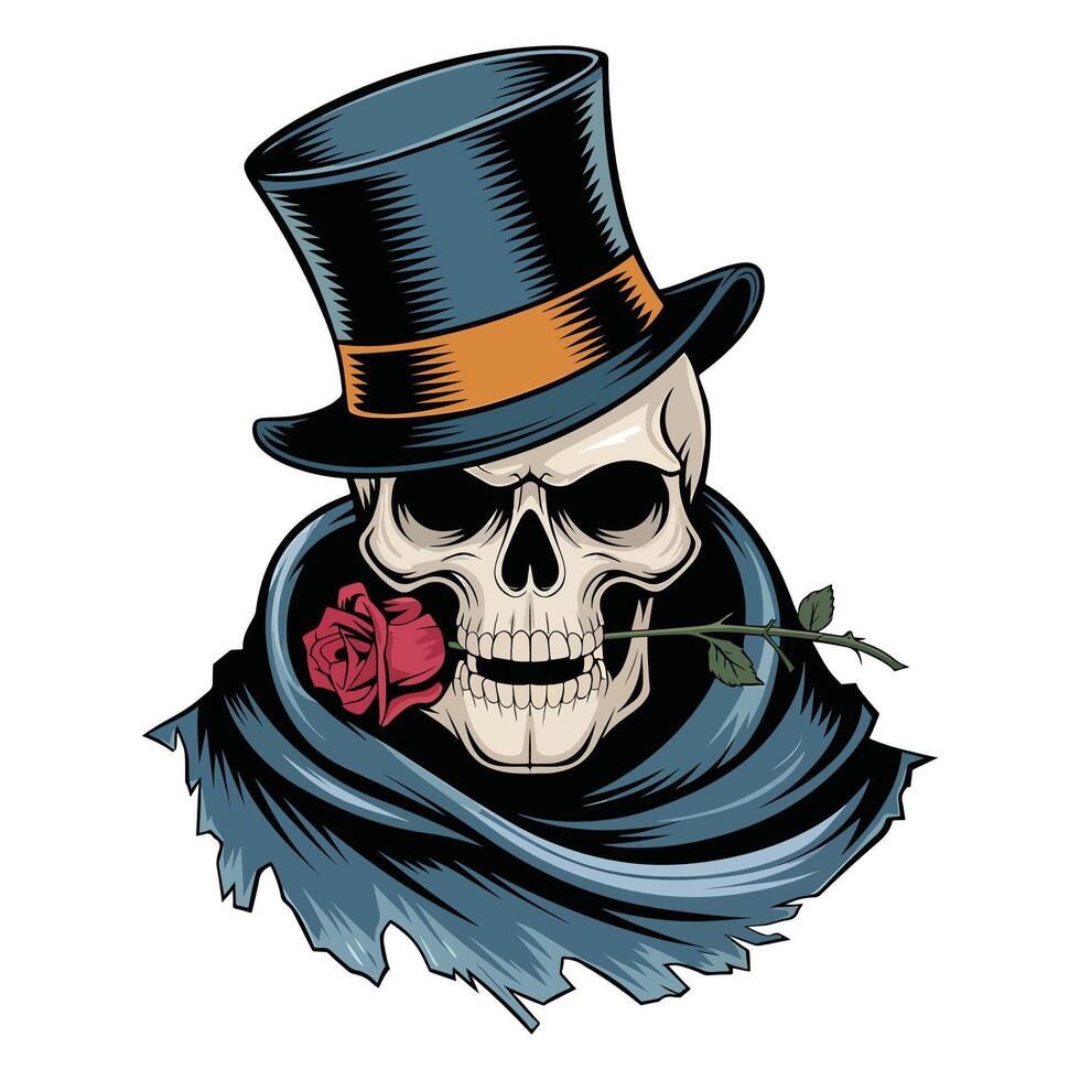 A Illustration of a skull wearing a top hat, adorned with a rose vector