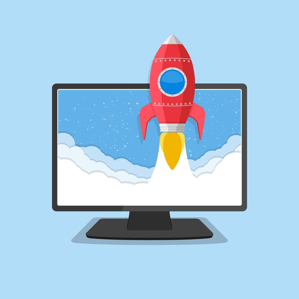 Computer monitor with a rocket flying out of the screen vector