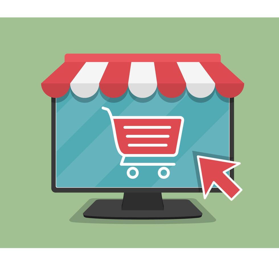 Online store concept illustration, computer monitor with awning, shopping cart icon and mouse cursor, flat design vector