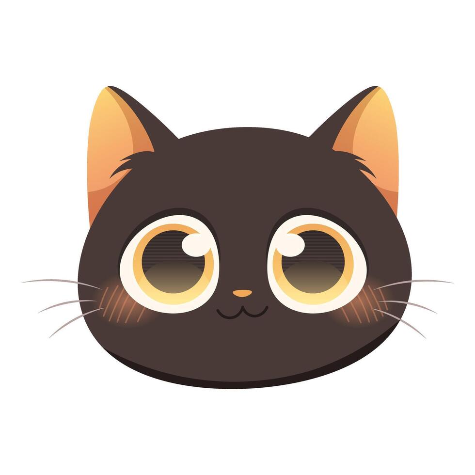 Kawaii black cat. Face of drawn black kitten with big eyes on white background. illustration vector