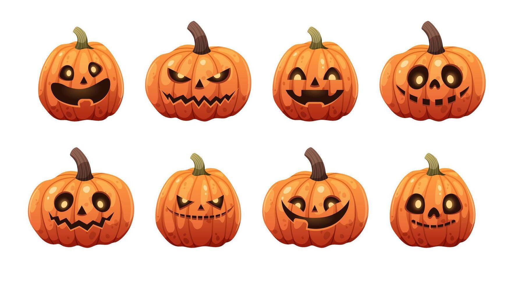 Halloween scary pumpkins set. Carved faces and scary characters on white background. Collection of illustrations vector