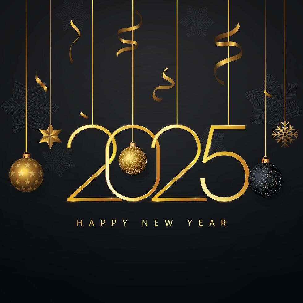 new year 2025 text design with golden balls and ribbons vector
