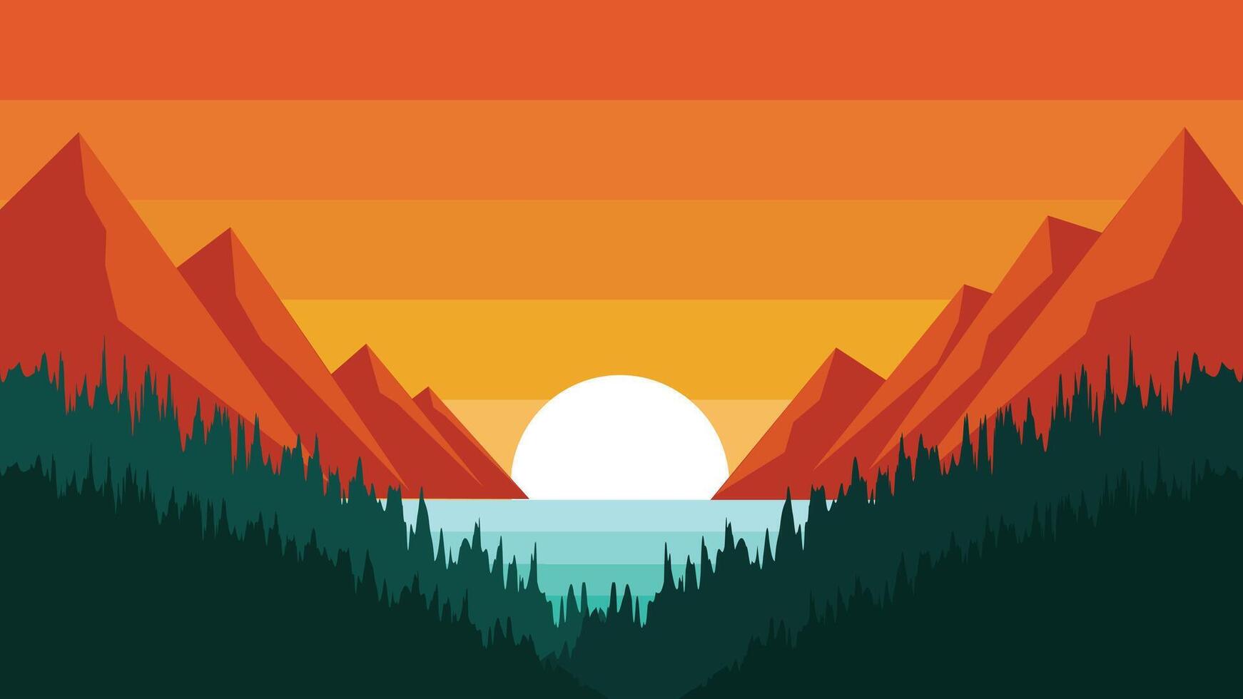 Beautiful flat design landscape with sunset and warm feel of mountain range with lake in the middle and forest layer vector