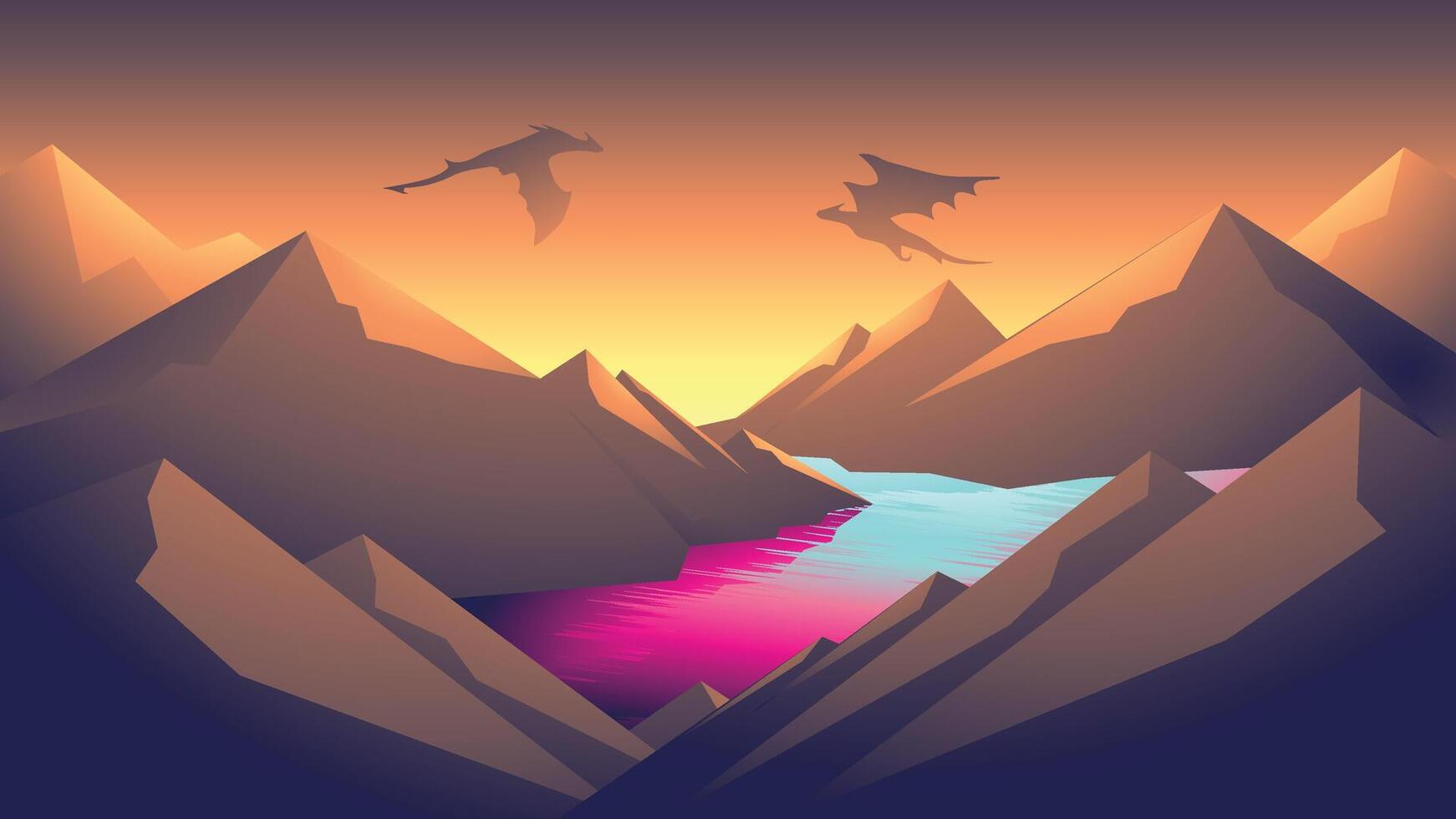 Flat design Landscape with sunset or sunrise view of rock mountain range and cliff with pink river with a dragon fighting silhouette vector