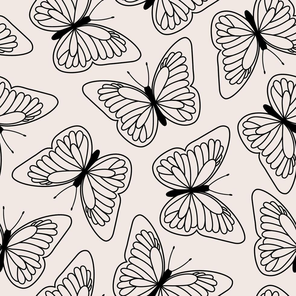 Seamless pattern with outline butterfly. Hand drawn illustration in sketch style. vector