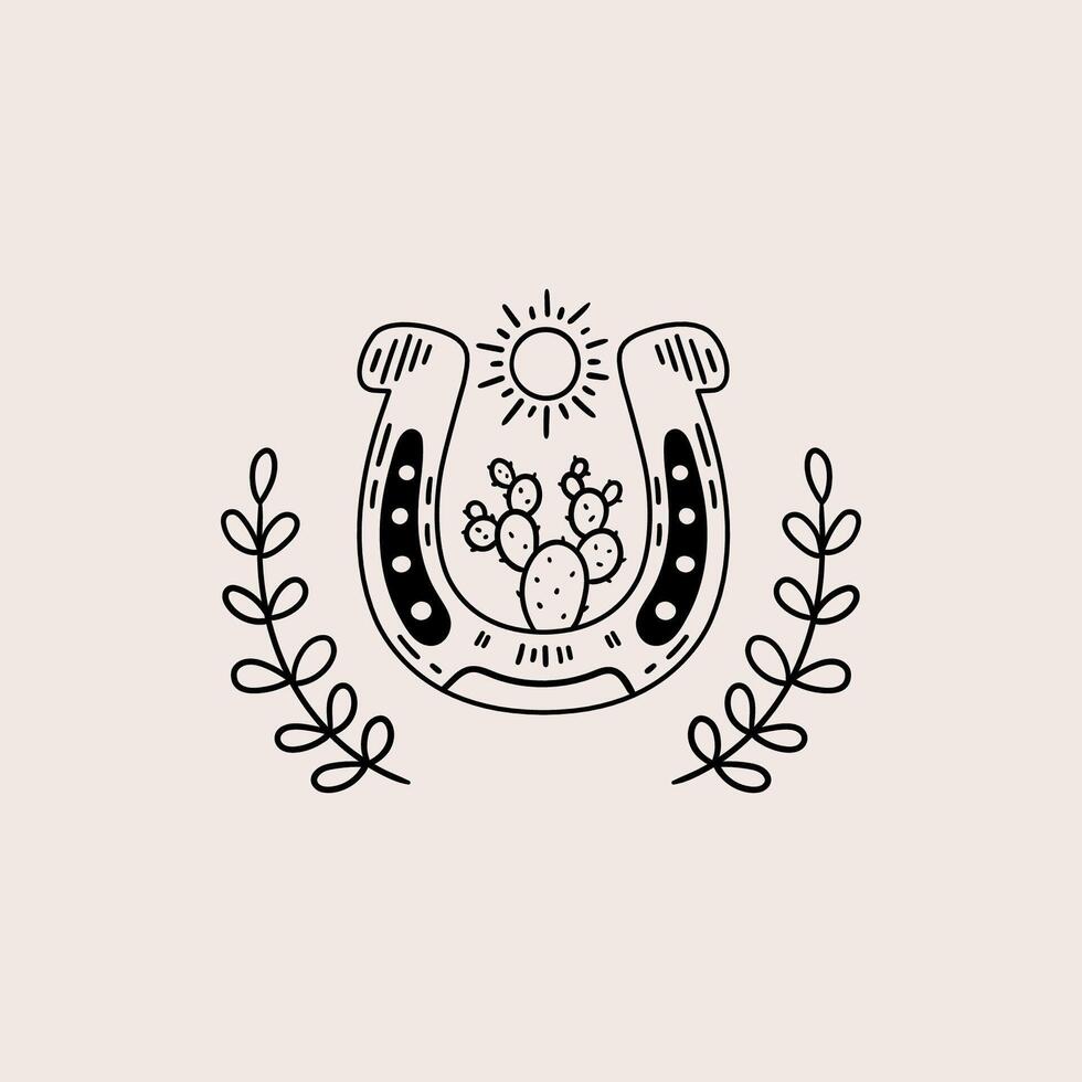 Card with horseshoe, cactus and plant. Hand drawn illustration in sketch style. vector