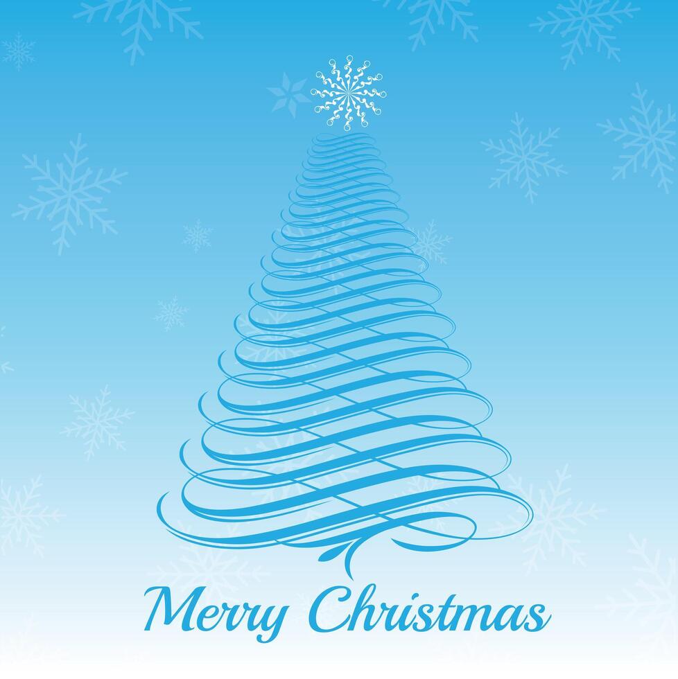 Illustration of a stylized blue Christmas tree consisting of swirls of blue lines on a light blue background with white snowflakes. vector
