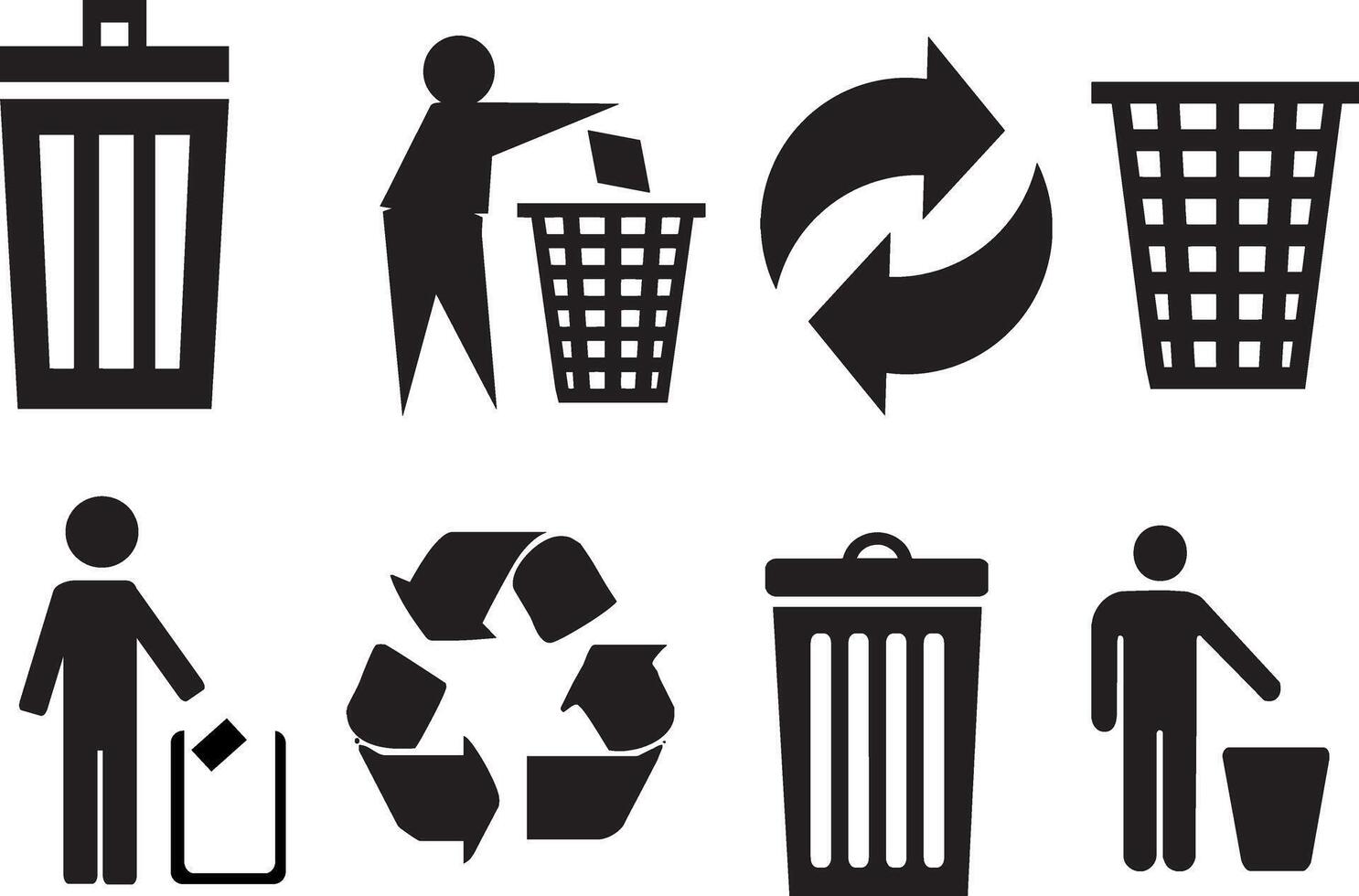 Illustration with eight black pictograms on a white background, all related to waste management and recycling. vector