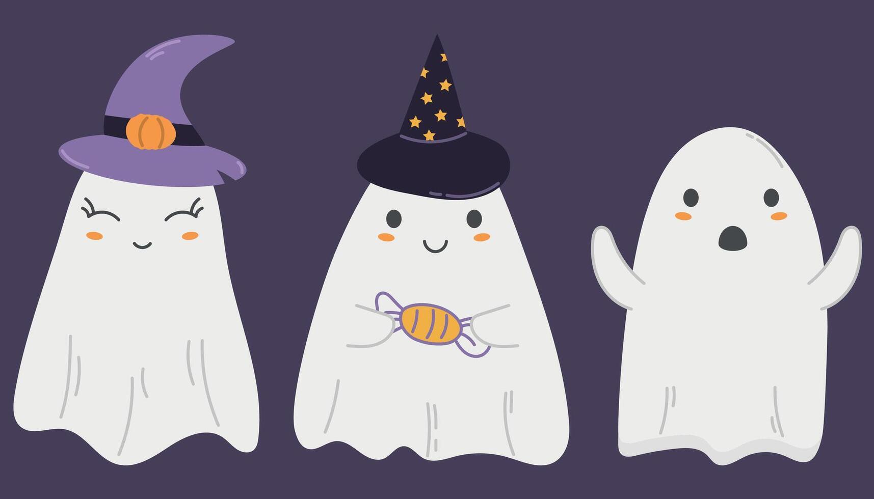 Halloween set, sweets, pumpkin, cute good and scary ghosts, large collection of flying ghosts vector