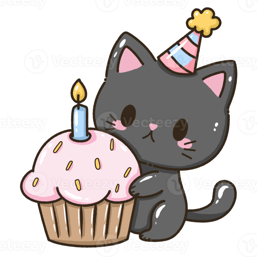 A kawaii hand drawn illustration birthday greeting card invitation ready to print a black cat holding a giant cupcake with pink frosting with a candle wearing a party hat png