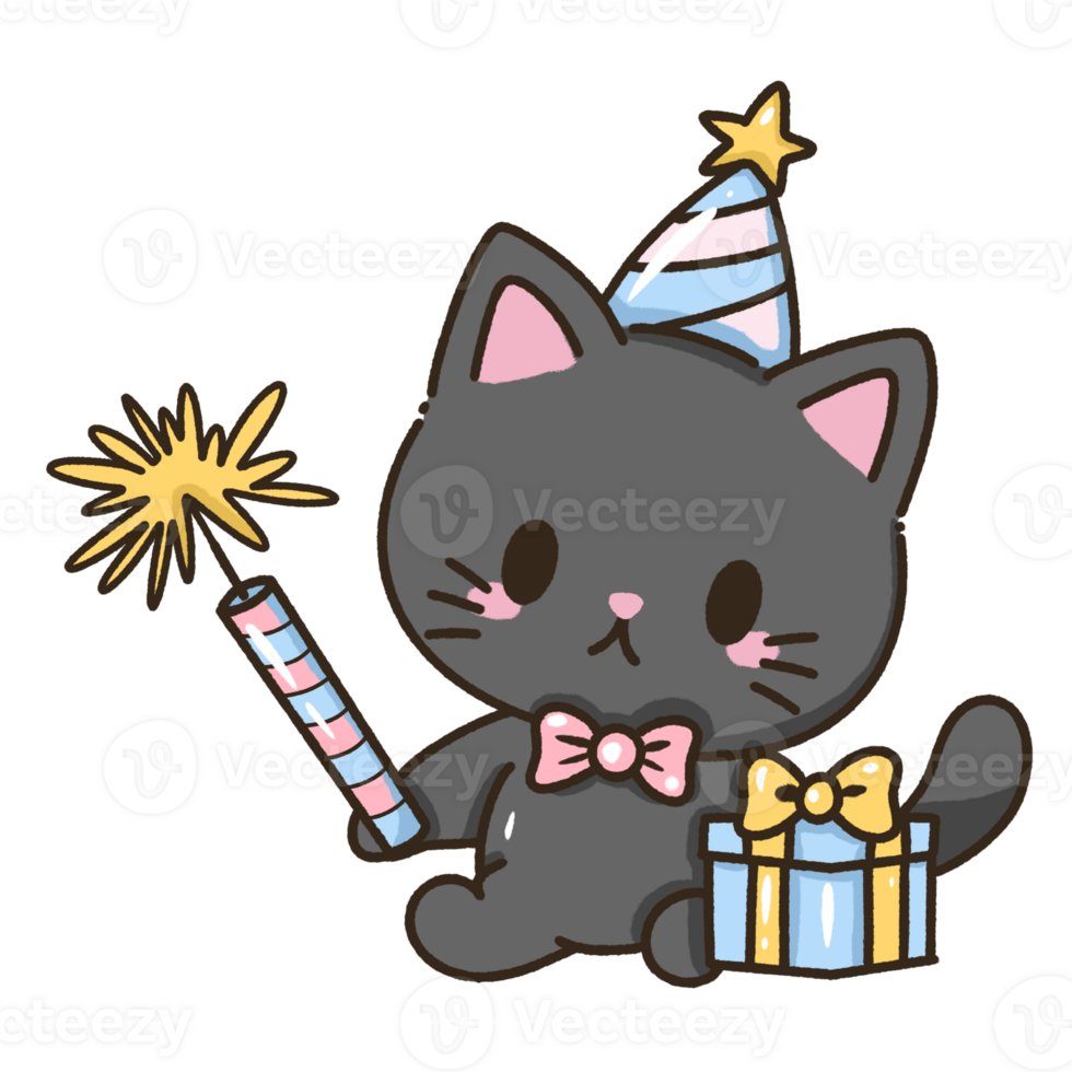 A kawaii hand drawn illustration birthday greeting card invitation ready to print a black cat holding a sparkler and a gift box wearing a party hat png