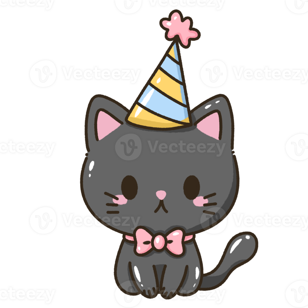 A kawaii hand drawn illustration birthday greeting card invitation ready to print a black cat wearing a pink bow tie and a party hat png