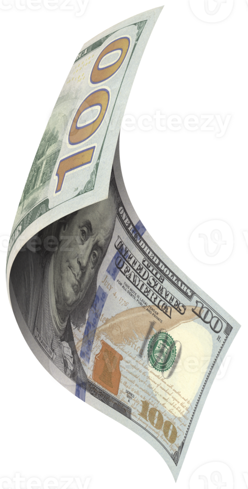 100 dollar bill is flying bend shape, front view. png