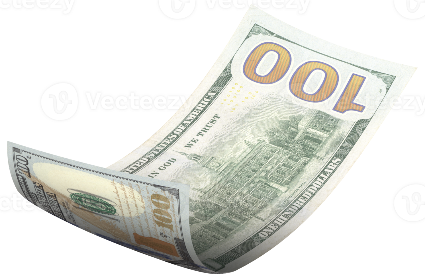 100 US dollar note flying in face up, back view. png
