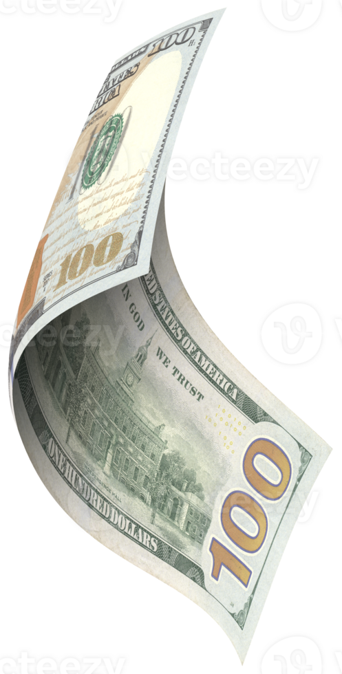 100 dollar bill is flying bend shape, back view. png