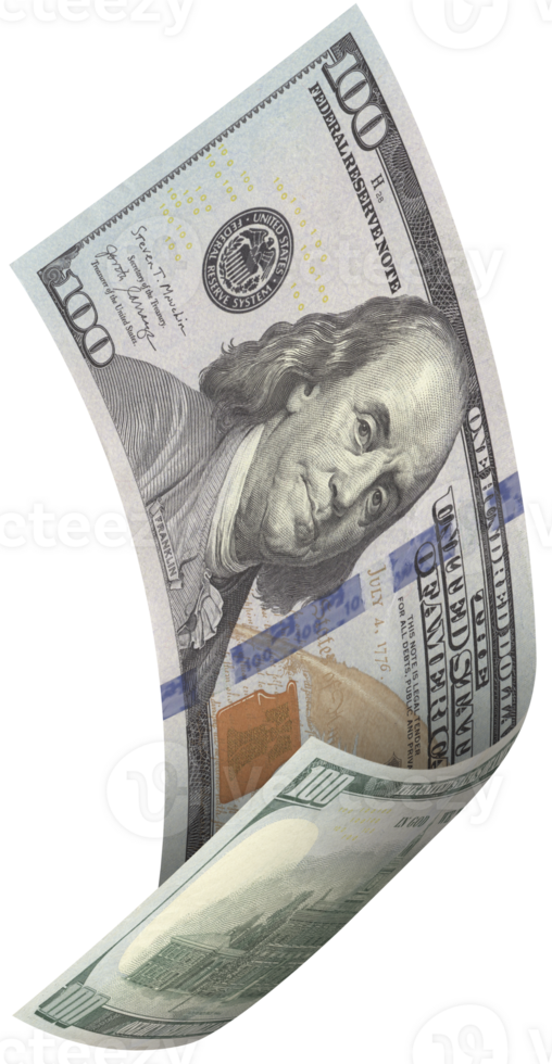 100 dollar bill is flying in front view, curved shape. png
