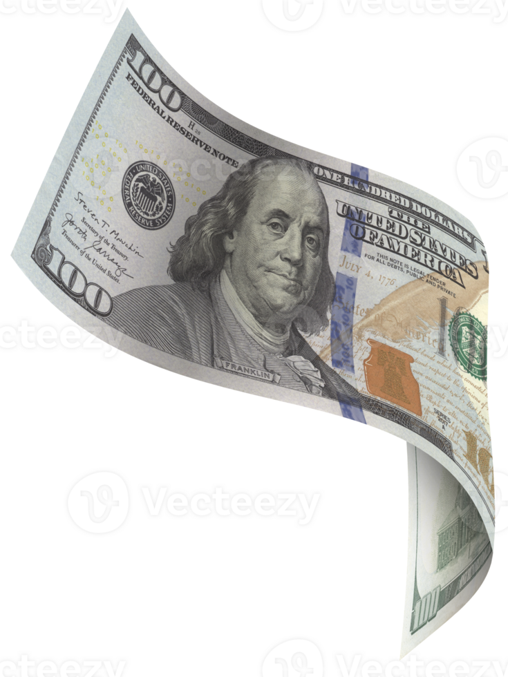 Falling 100 American dollar banknotes in wave shape, front view. png