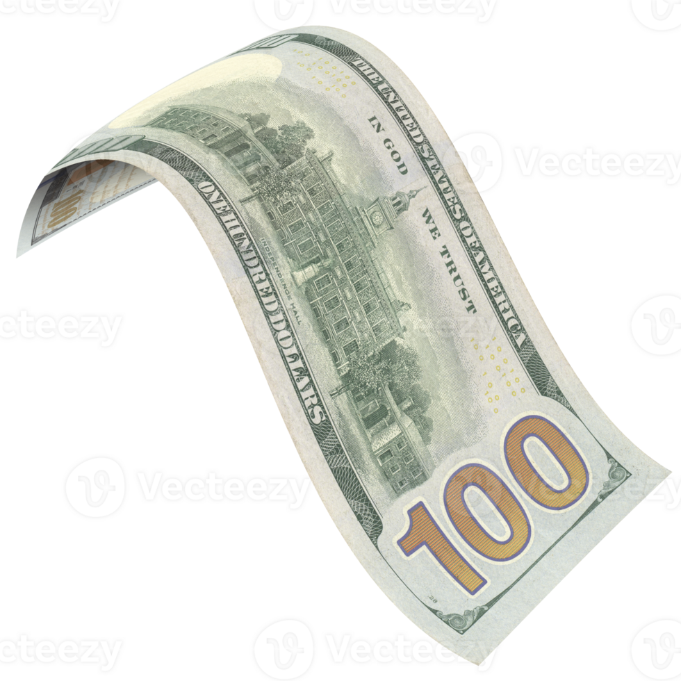 100 dollar bill is flying and has a curved shape, in back view. png