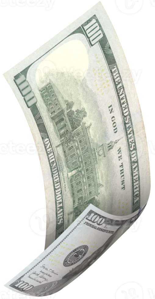 100 dollar bill is flying and has a curved shape in back view. png