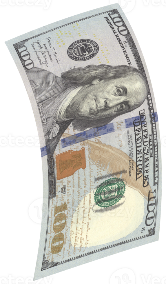 One hundred dollar banknote flying in front view, curved shape. png