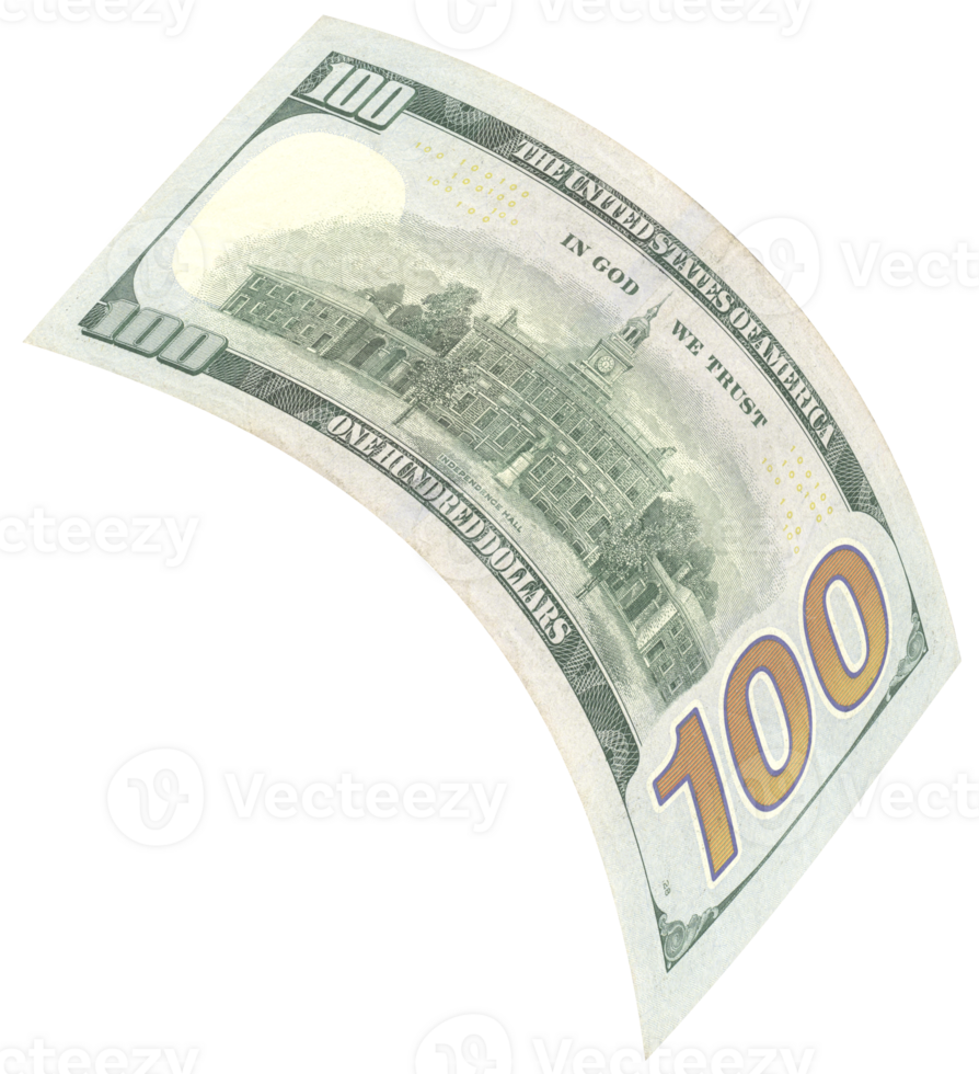 One hundred dollar banknote flying in curved shape, back view. png