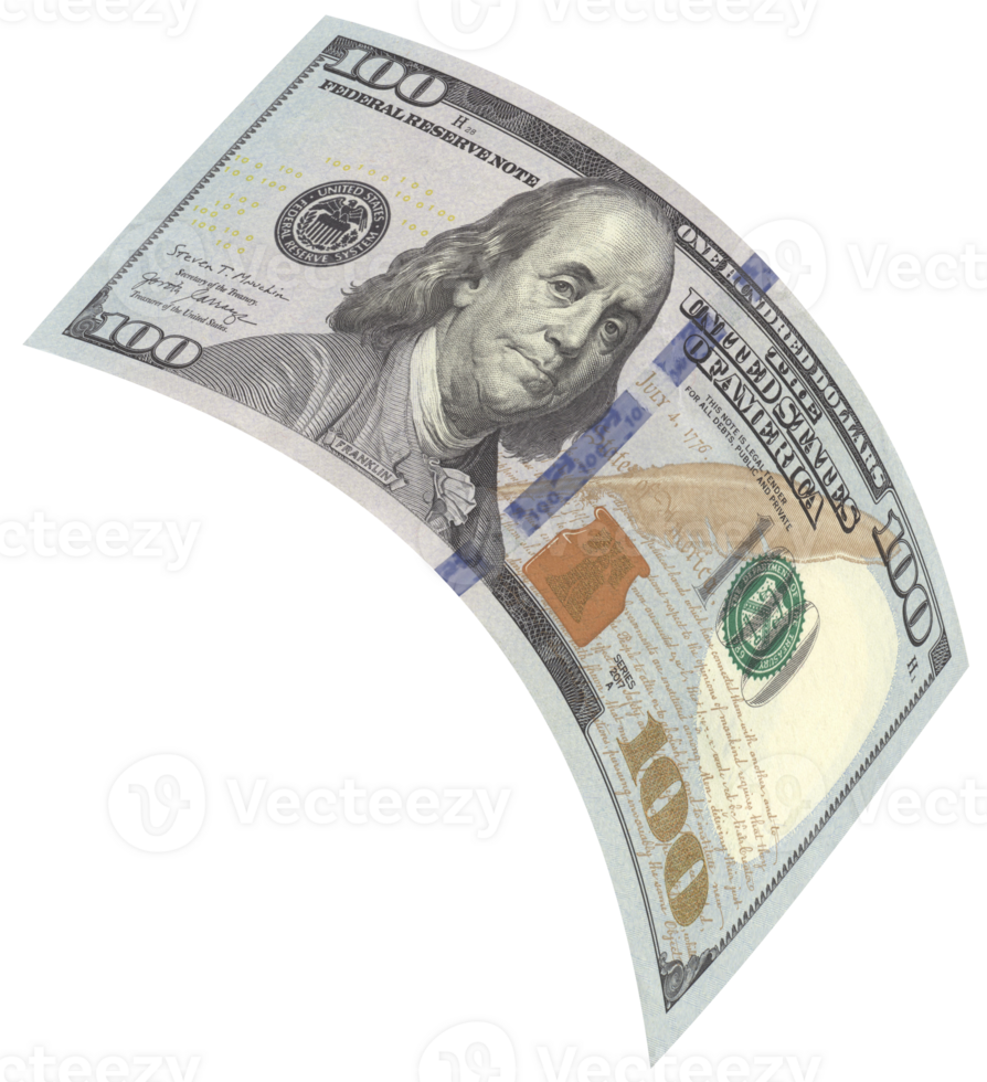 One hundred dollar banknote flying in curved shape, front view. png