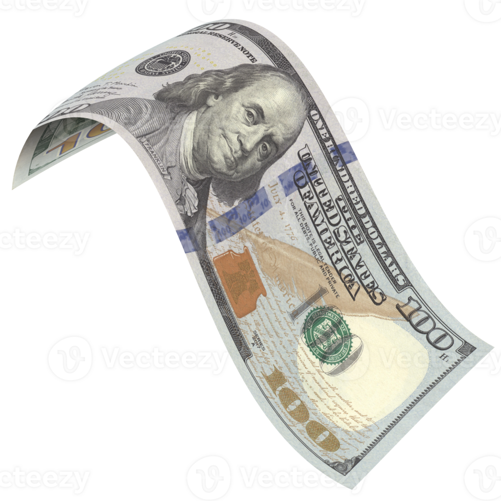 100 dollar bill is flying in front view. png