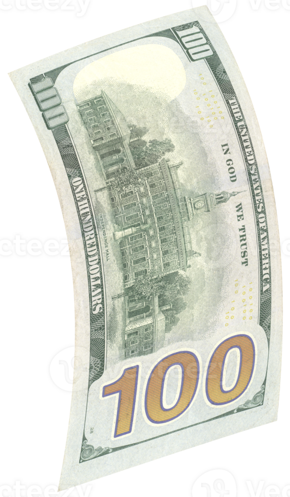 One hundred dollar banknote flying in back view, curved shape. png