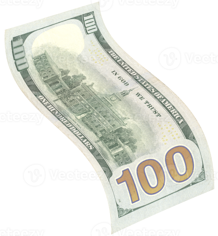 One hundred dollar banknote flying in back view. png