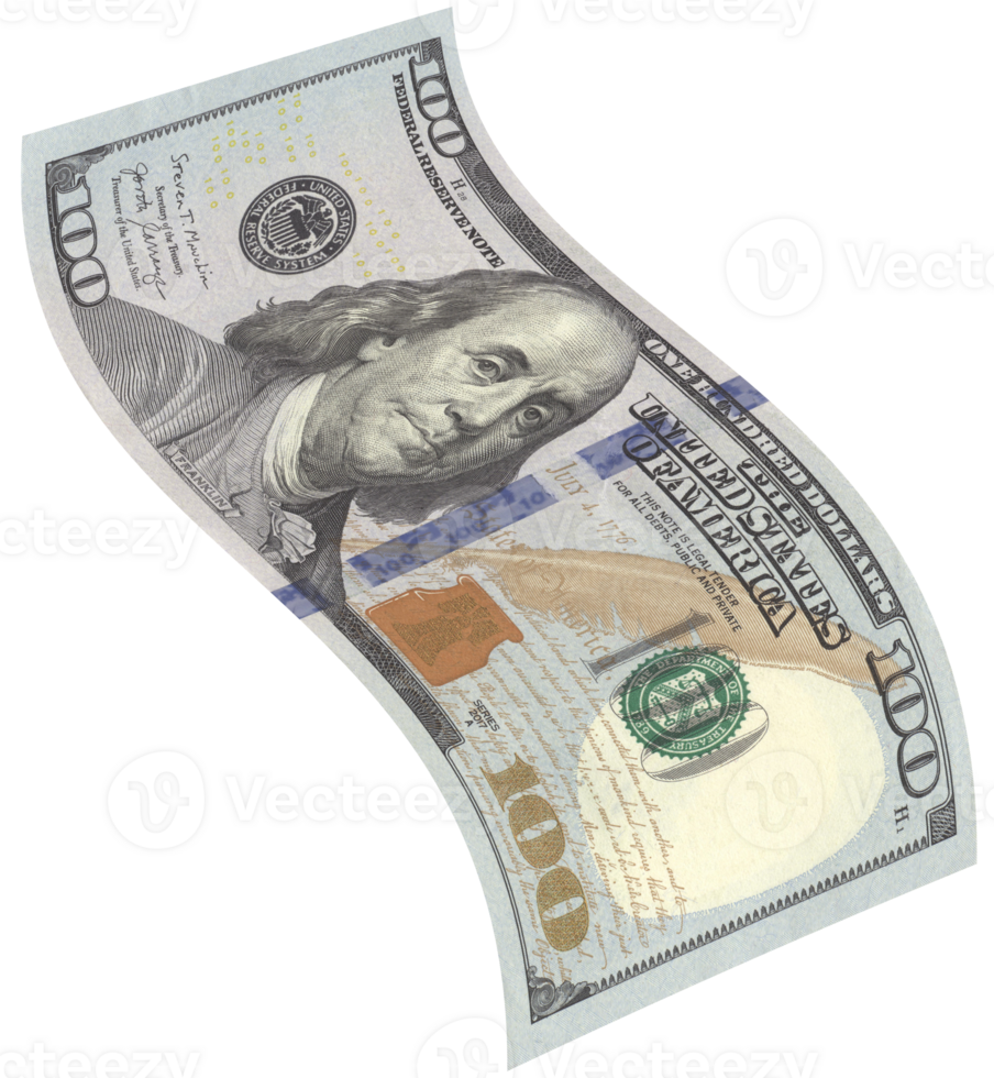 One hundred dollar banknote flying in front view. png