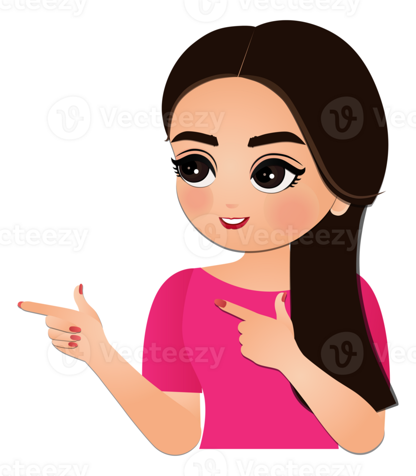 Cute cartoon female with longhairstyle and wearing pink shirt with hand pointing to the right png
