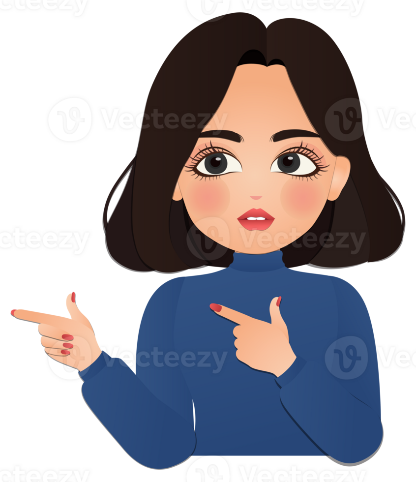 Cute cartoon attractive cheerful girl short hairstyle with hand pointing to the right png