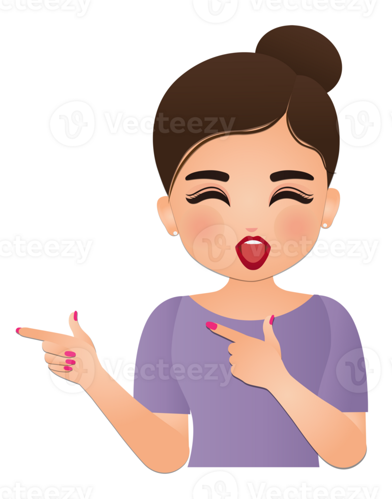 Cute cartoon Young woman wearing shirt purple presenting with hand and pointing with finger png