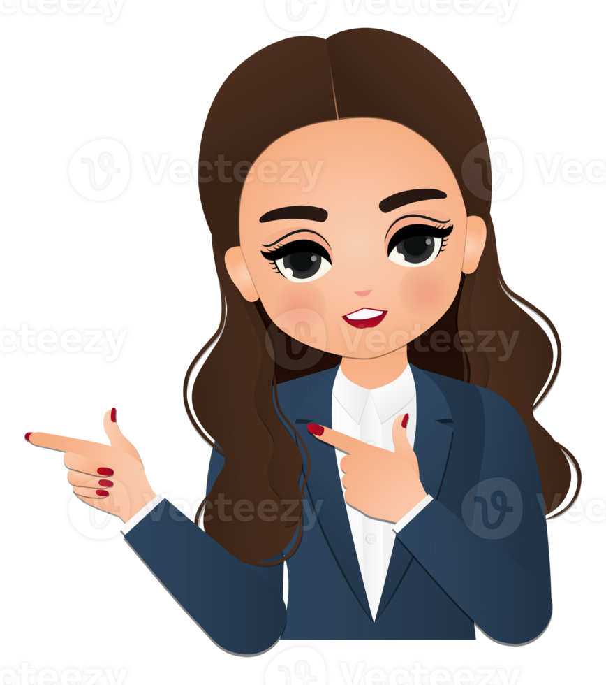 Beauty smiling female with longhairstyle dye and wearing blue Suit shirt with hand pointing to the right png
