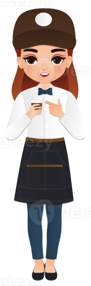 Cute cartoon barista women wear shirt in apron smiling serving a client at the coffee shop png