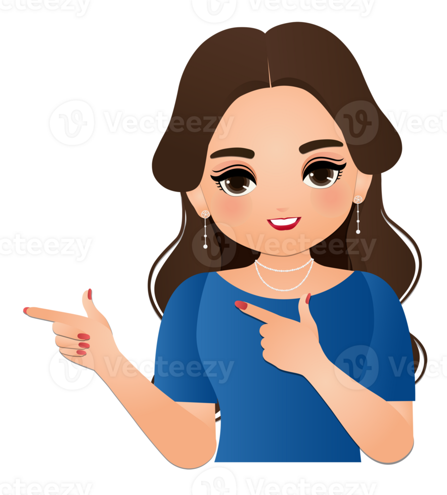 Beauty smiling female with curly longhairstyle dye and wearing blue shirt with hand pointing to the right png