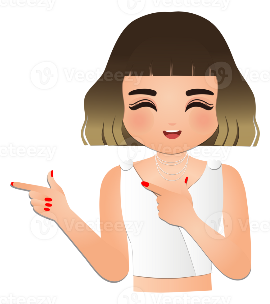 Beauty smiling woman with curly hairstyle dye with hand and pointing to the right png