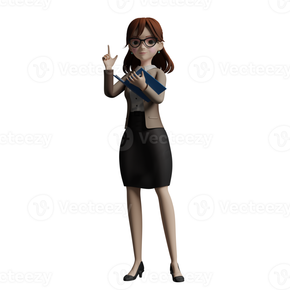 Illustrative 3D femaleTeacher. A female teacher stands with her left hand carrying books while her right hand is raised pointing up. Educational Leader png
