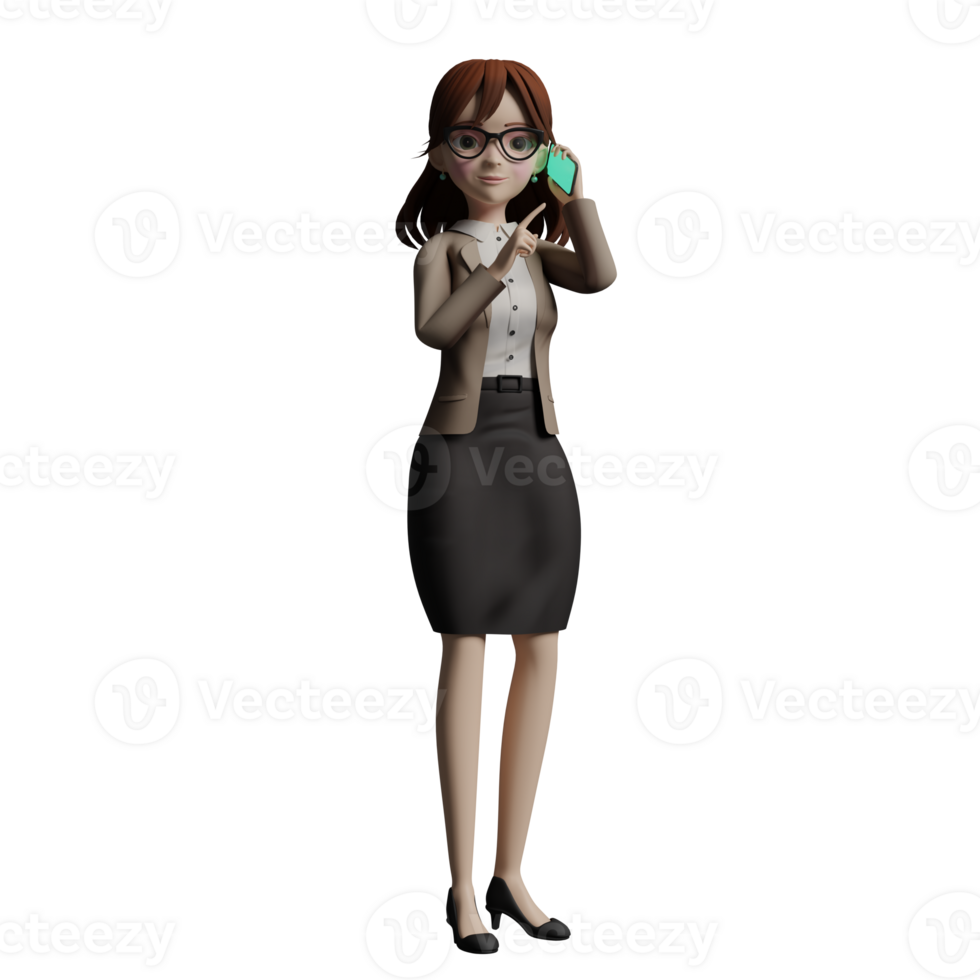 Cartoon ,of a female teacher. The female teacher is standing holding a telephone in her right hand while showing a movement as if she is giving instructions or explaining something. 3D style png
